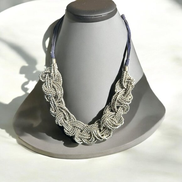 Elegant Silver-Tone Beaded Knot Necklace Boho Chic Artistic Unique Metallic Bold - Picture 1 of 4